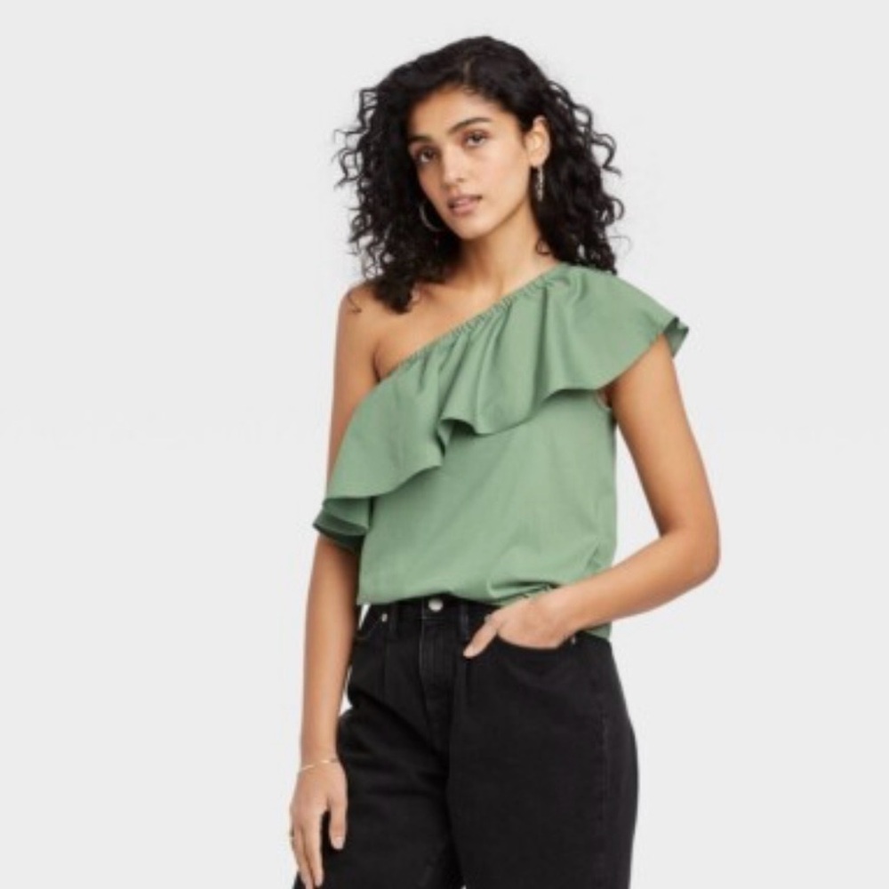 a new day Green Ruffle One-Shoulder Blouse